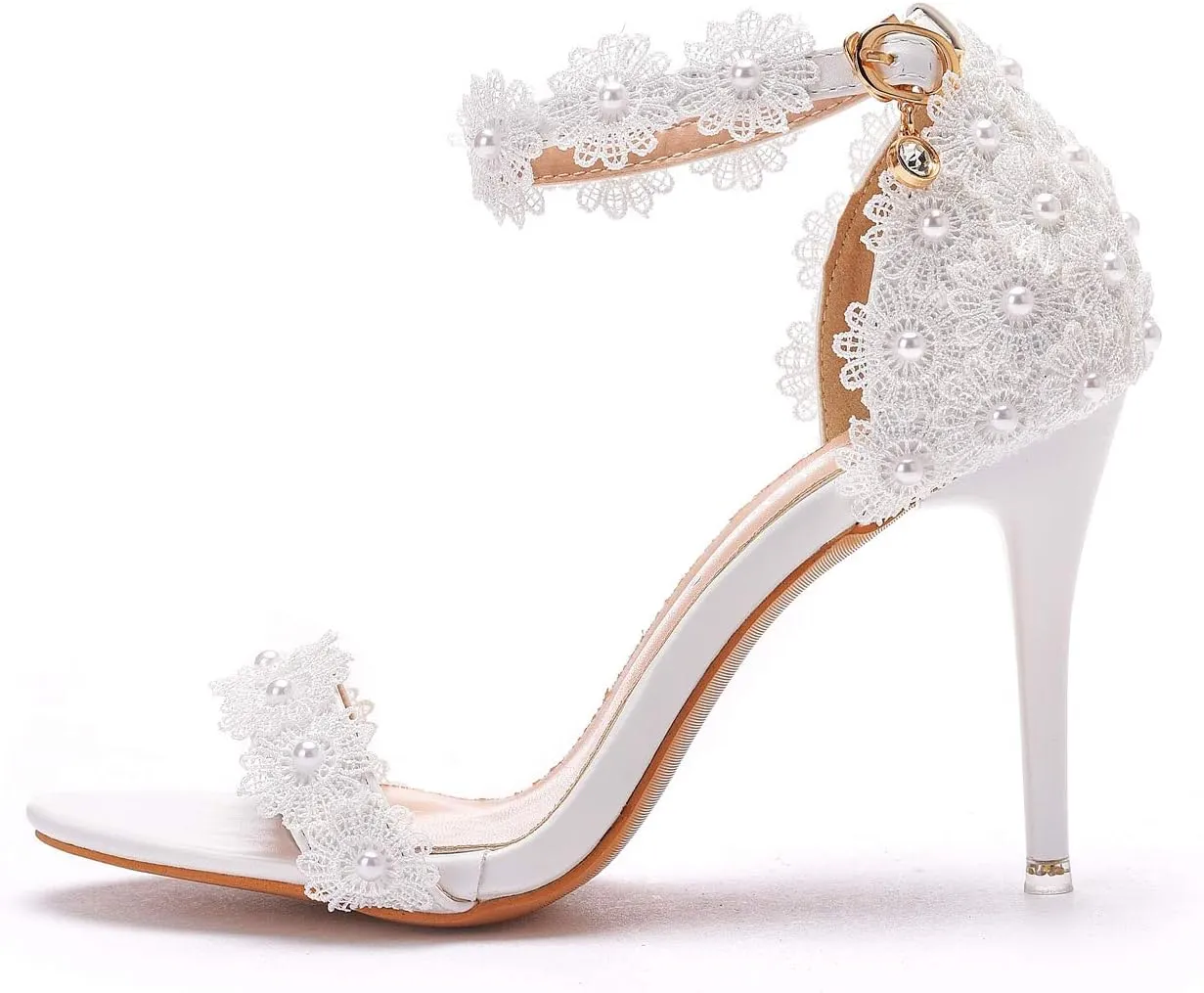 Crystal Queen Women White lace Ankle Strap High Heel Sandals Stiletto Heels Peep Toe Sandals Pump Shoes for Bride Wedding Party Evening