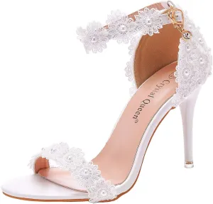 Crystal Queen Women White lace Ankle Strap High Heel Sandals Stiletto Heels Peep Toe Sandals Pump Shoes for Bride Wedding Party Evening