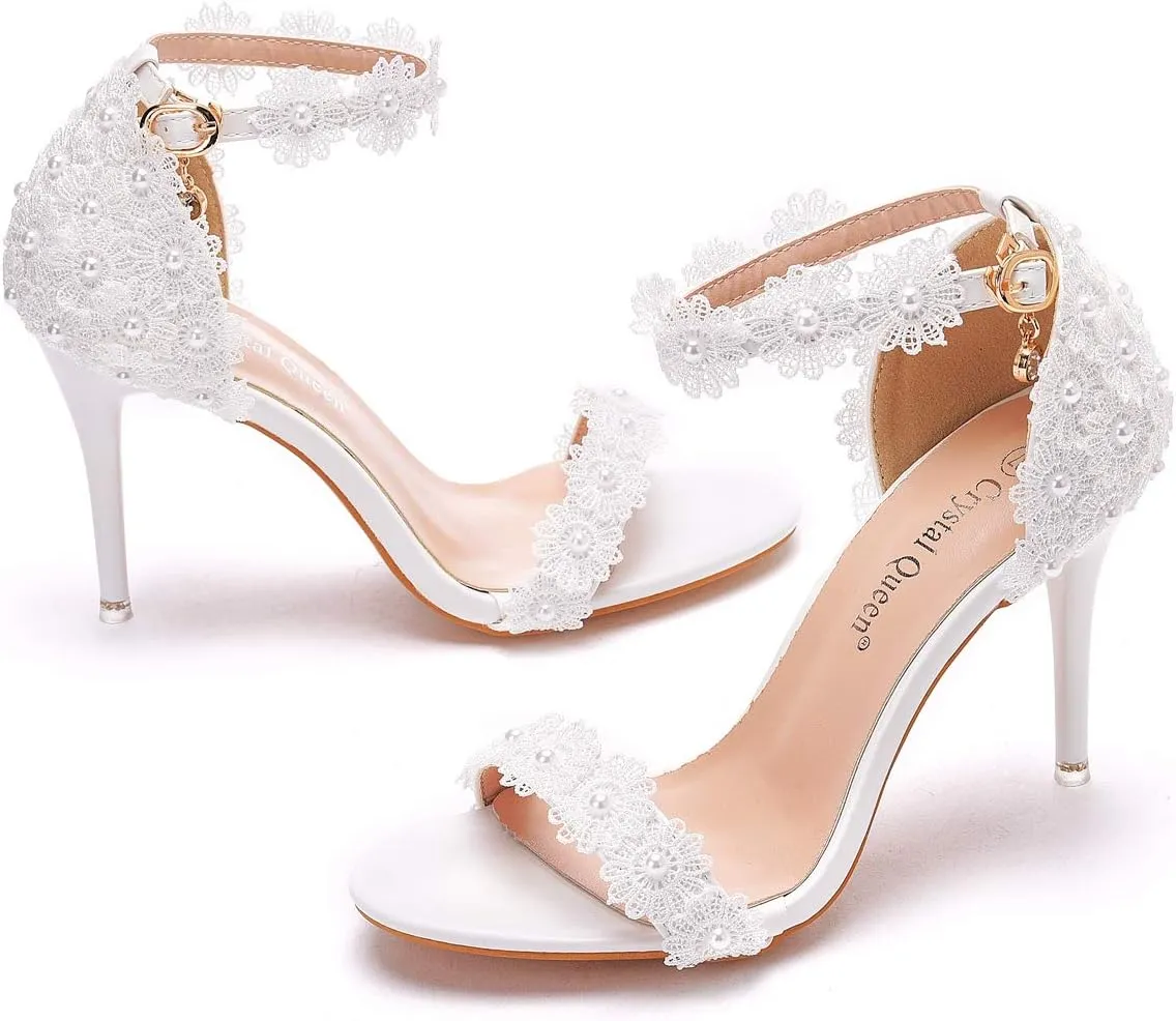 Crystal Queen Women White lace Ankle Strap High Heel Sandals Stiletto Heels Peep Toe Sandals Pump Shoes for Bride Wedding Party Evening