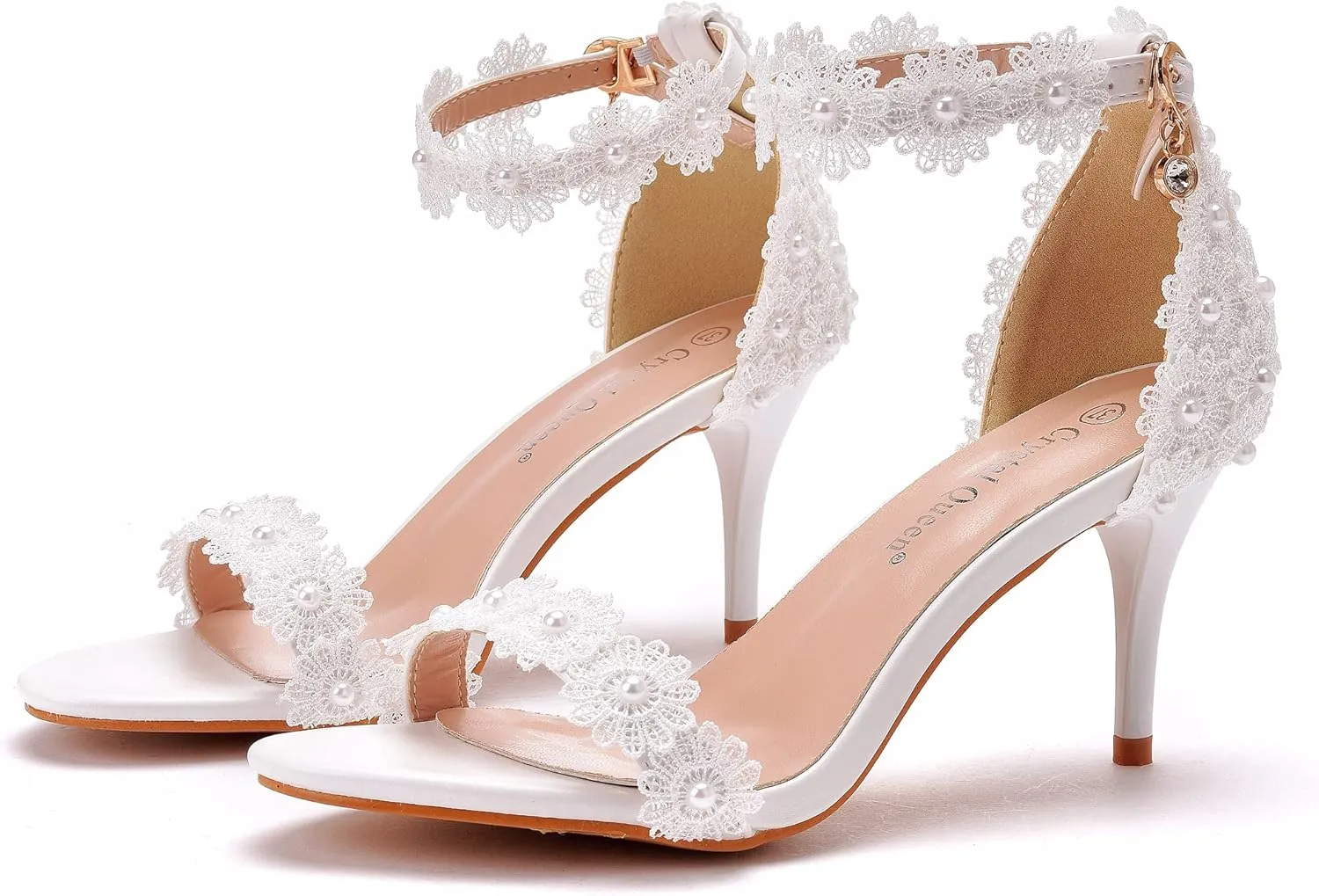 Crystal Queen Women White lace Ankle Strap High Heel Sandals Stiletto Heels Peep Toe Sandals Pump Shoes for Bride Wedding Party Evening