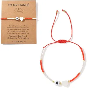 Cute Heart Initial A-Z Beaded Adjustable Bracelet for Women Men,Handmade Boho Red White Beads String Statement Romantic Jewelry Valentine Gift Friendship