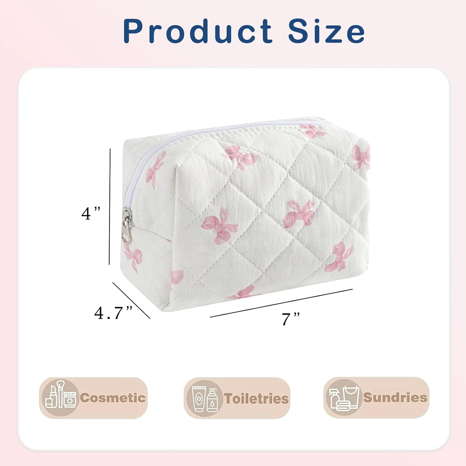 Cute Small Makeup Bag,Quilted Floral Cotton Cosmetic Pencil Pouch, Quilted Flowers Pencil Case with Zipper, Kawaii Travel Toiletry Bags for Purse(12White Pink Bow)