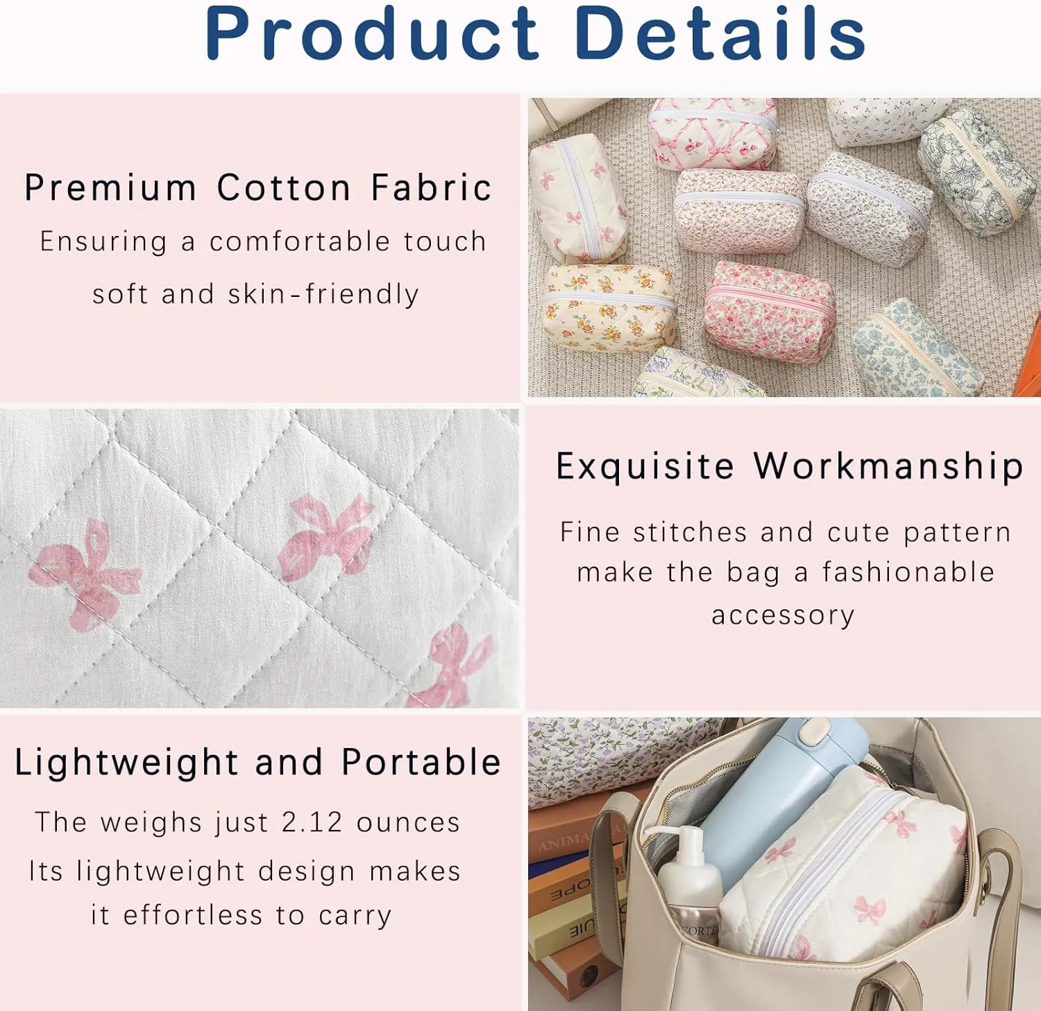 Cute Small Makeup Bag,Quilted Floral Cotton Cosmetic Pencil Pouch, Quilted Flowers Pencil Case with Zipper, Kawaii Travel Toiletry Bags for Purse(12White Pink Bow)