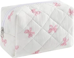 Cute Small Makeup Bag,Quilted Floral Cotton Cosmetic Pencil Pouch, Quilted Flowers Pencil Case with Zipper, Kawaii Travel Toiletry Bags for Purse(12White Pink Bow)