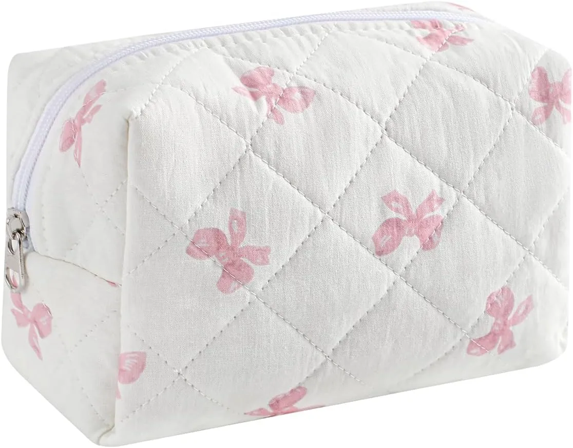 Cute Small Makeup Bag,Quilted Floral Cotton Cosmetic Pencil Pouch, Quilted Flowers Pencil Case with Zipper, Kawaii Travel Toiletry Bags for Purse(12White Pink Bow)