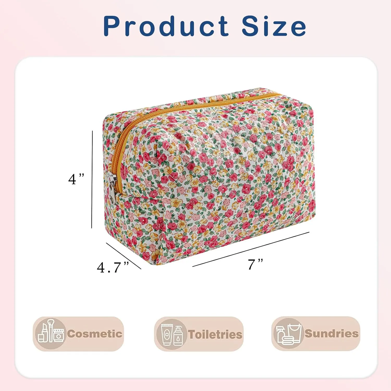 Cute Small Makeup Bag,Quilted Floral Cotton Cosmetic Pouch, Quilted Flowers Pencil Case with Zipper, Kawaii Travel Toiletry Bags for Purse(05Red and Yellow)