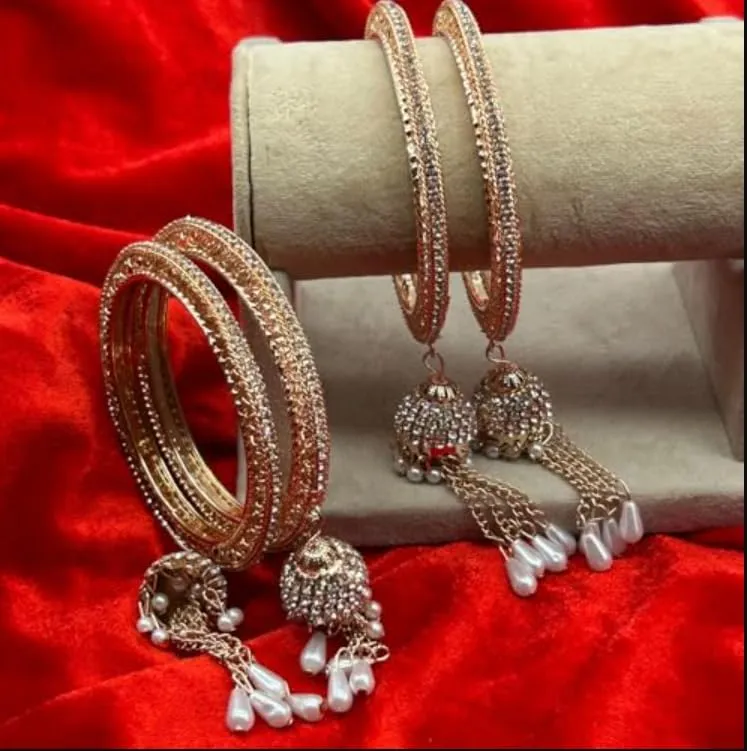 CZ Rose Gold Bangles Set with Pearl Drops for Women, Traditional Indian Style Bracelets for Weddings and Best Gift for Wife, Set of 4 AD Bangle For Women