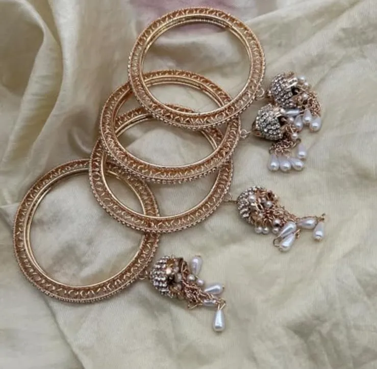 CZ Rose Gold Bangles Set with Pearl Drops for Women, Traditional Indian Style Bracelets for Weddings and Best Gift for Wife, Set of 4 AD Bangle For Women