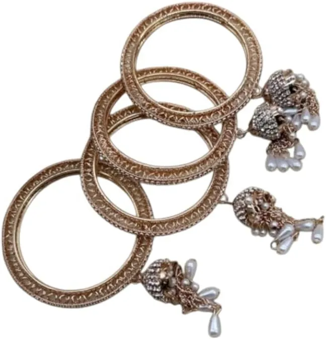 CZ Rose Gold Bangles Set with Pearl Drops for Women, Traditional Indian Style Bracelets for Weddings and Best Gift for Wife, Set of 4 AD Bangle For Women