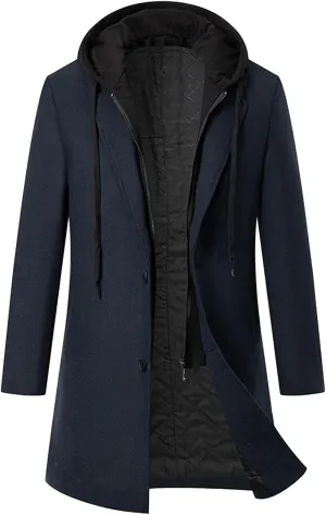 Dgoopd Hooded Trench Coat Men Wool Blend Coat Zip up Pea Coat Open Front Cardigan Casual Winter Coat Long Hoodie with Pockets