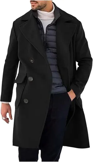 Dgoopd Mens Trench Coat Wool Blend Coat Mid Length Coats Double Breasted Coat Notch Lapel Jacket Casual Pea Coat with Pockets