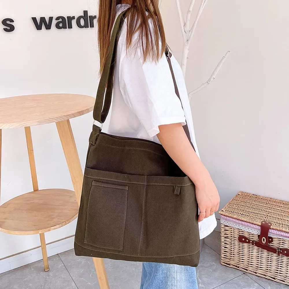 Economical Cotton Canvas Tote Bag,Women Hobo Shoulder Bag Crossbody Handbag with 3 External Pocket,Zipper Closure