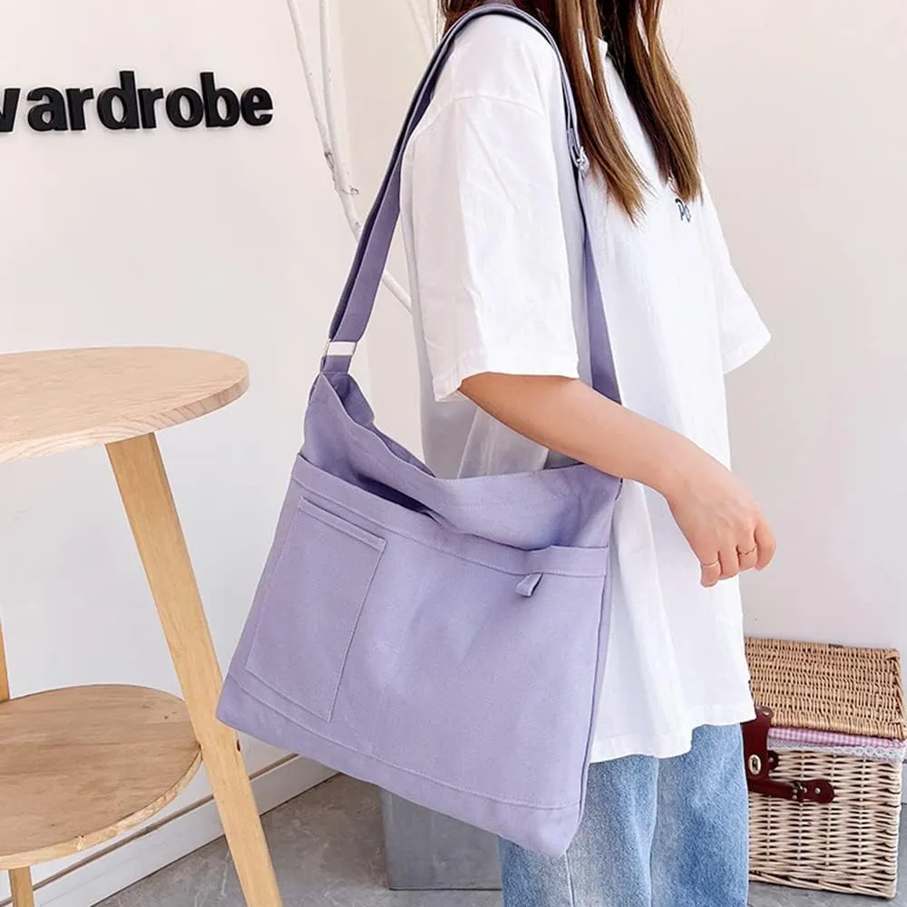 Economical Cotton Canvas Tote Bag,Women Hobo Shoulder Bag Crossbody Handbag with 3 External Pocket,Zipper Closure