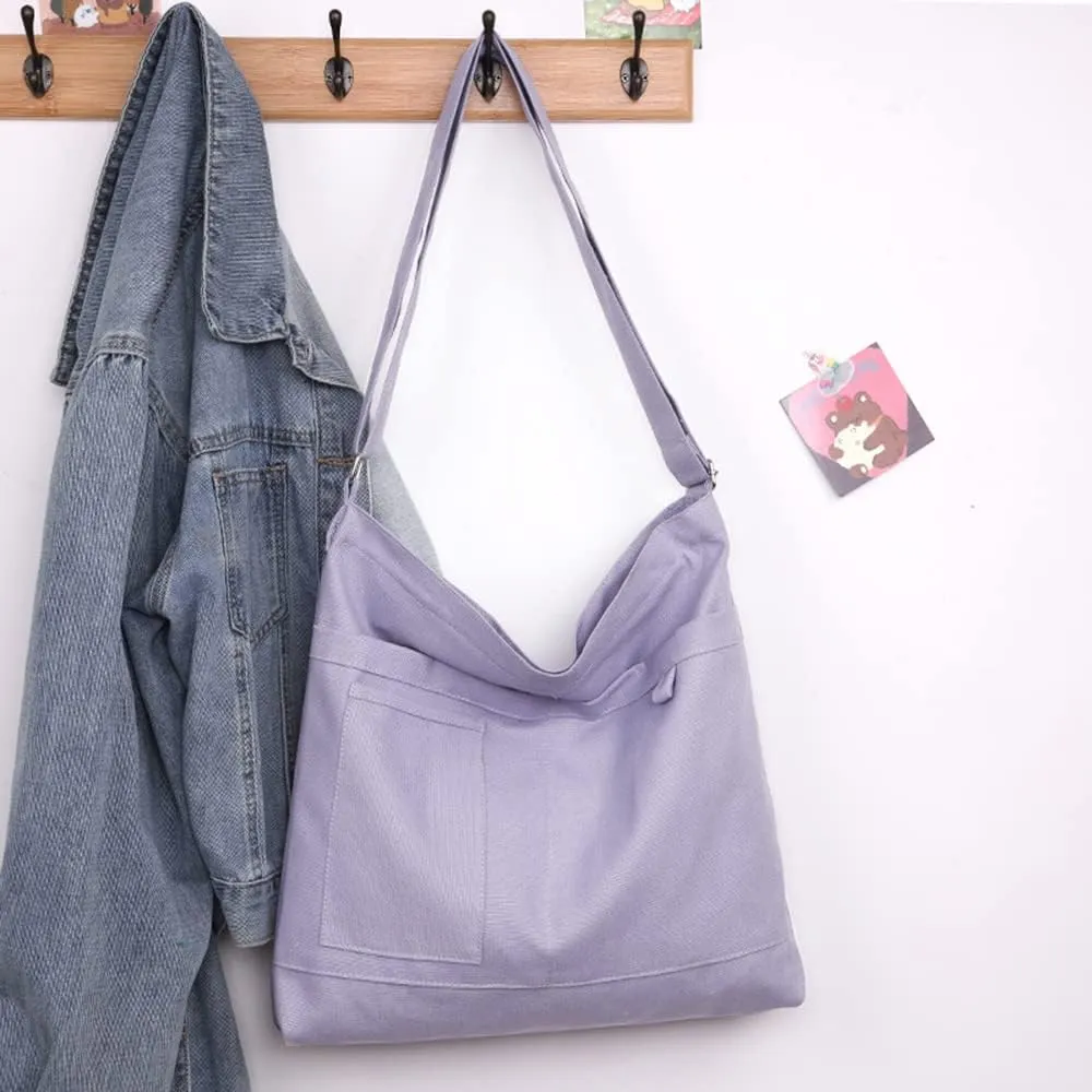 Economical Cotton Canvas Tote Bag,Women Hobo Shoulder Bag Crossbody Handbag with 3 External Pocket,Zipper Closure