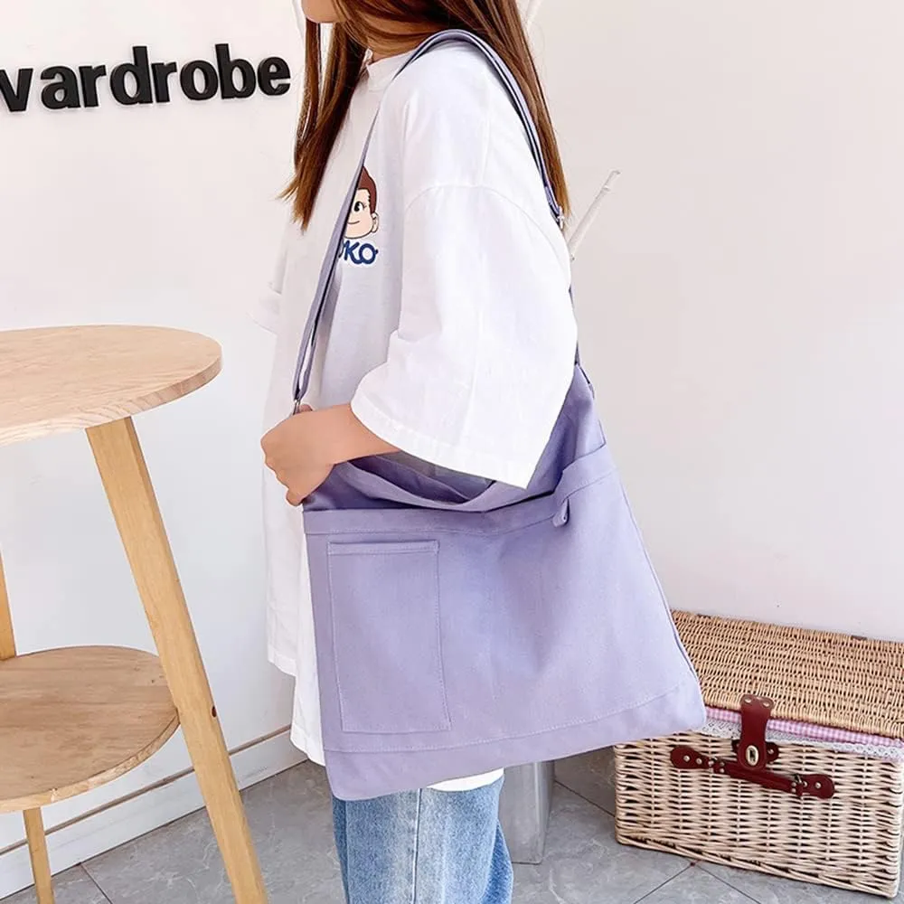 Economical Cotton Canvas Tote Bag,Women Hobo Shoulder Bag Crossbody Handbag with 3 External Pocket,Zipper Closure