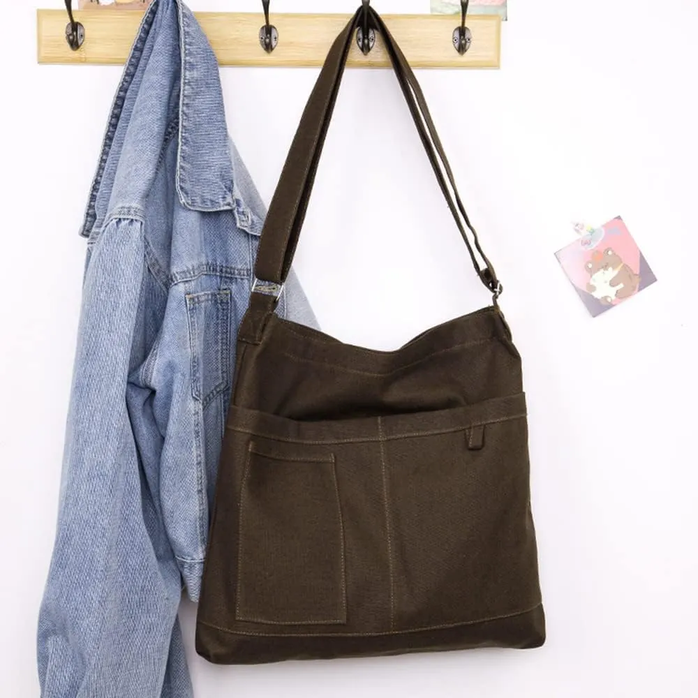 Economical Cotton Canvas Tote Bag,Women Hobo Shoulder Bag Crossbody Handbag with 3 External Pocket,Zipper Closure