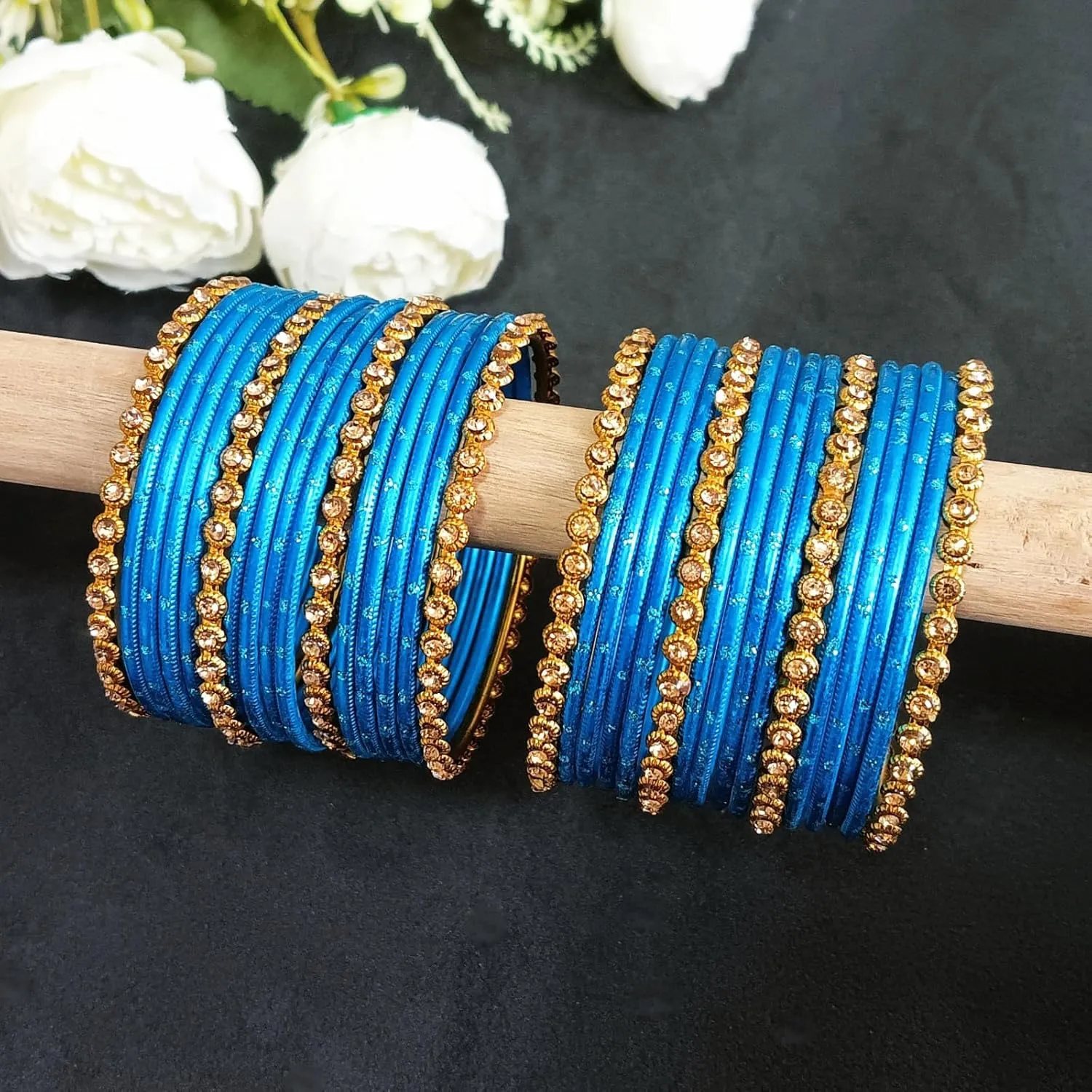 Efulgenz Metal Bangle Set Oxidized Crystal Bangles with Two Dozen Glossy Finish Textured Dotted Metal Bangles Indian Bangles for Women Boho Bracelet Bangle Bollywood Fashion Statement Jewelry