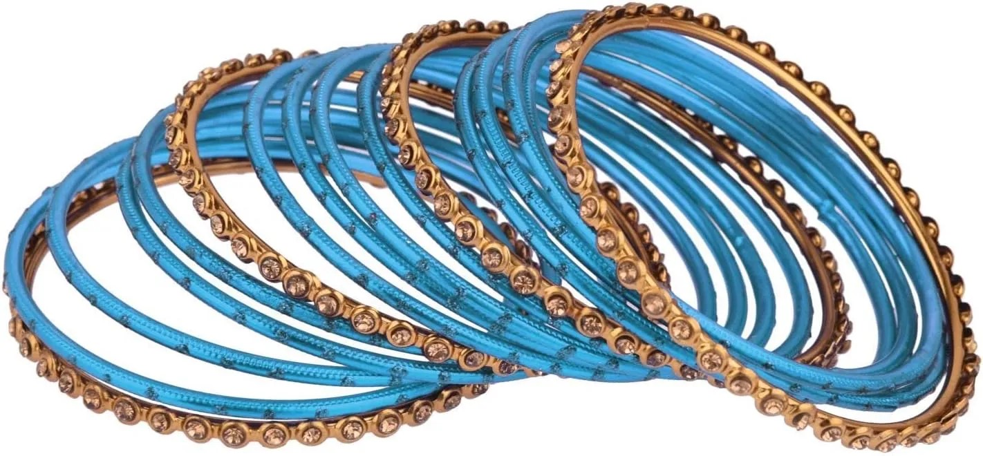 Efulgenz Metal Bangle Set Oxidized Crystal Bangles with Two Dozen Glossy Finish Textured Dotted Metal Bangles Indian Bangles for Women Boho Bracelet Bangle Bollywood Fashion Statement Jewelry