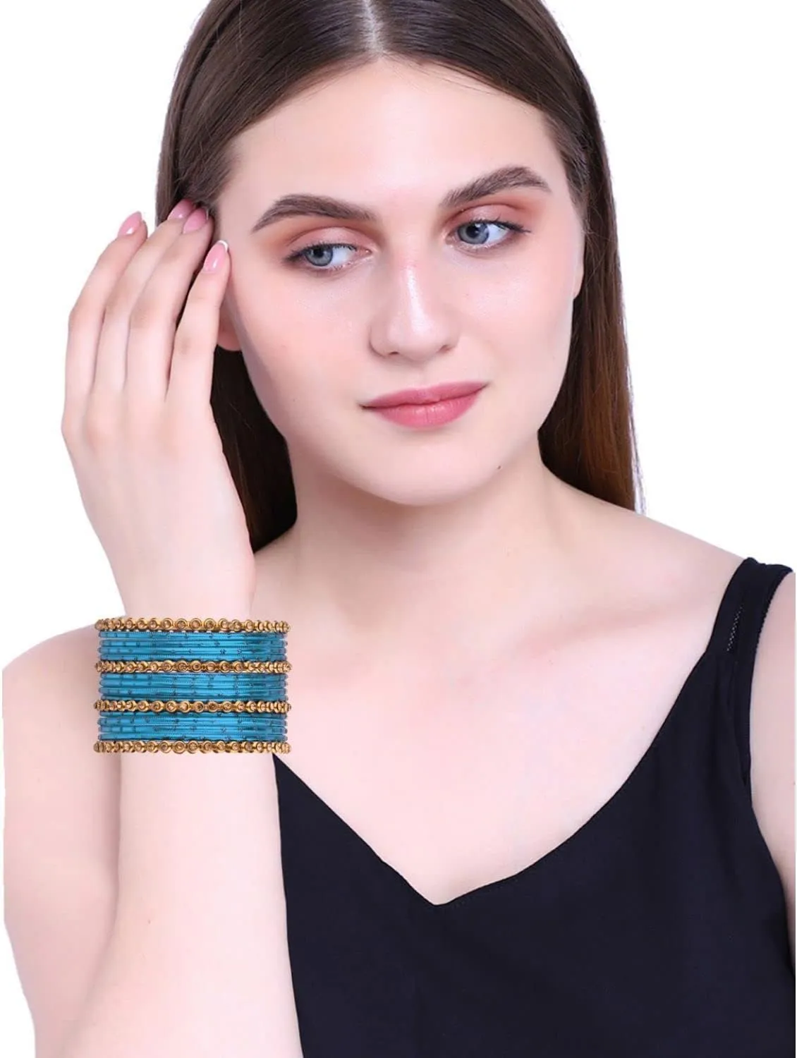 Efulgenz Metal Bangle Set Oxidized Crystal Bangles with Two Dozen Glossy Finish Textured Dotted Metal Bangles Indian Bangles for Women Boho Bracelet Bangle Bollywood Fashion Statement Jewelry