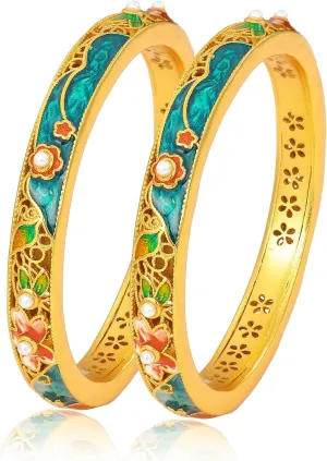 Ethlyn 2pcs/ lot Vintage Style Gold Plated Fixed Size Colorful Bangles with Pearls Women Jewelry Mother Gift Idea