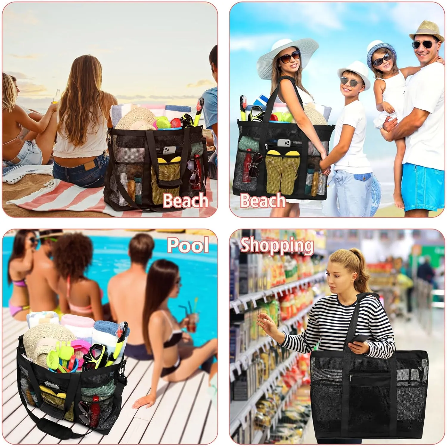 F-color Mesh Beach Bag Family - Beach Tote Bag Cruise Vacation Essentials, XL