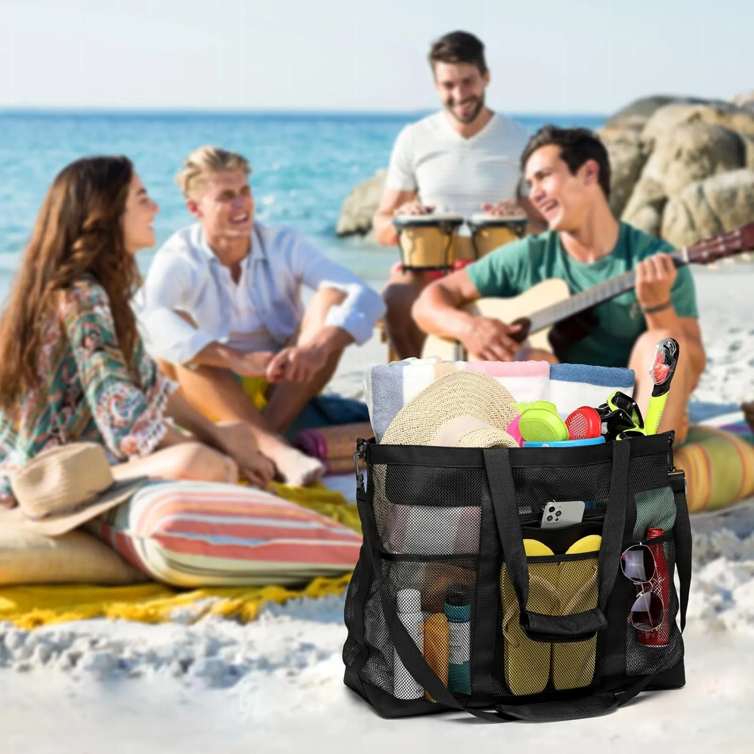 F-color Mesh Beach Bag Family - Beach Tote Bag Cruise Vacation Essentials, XL