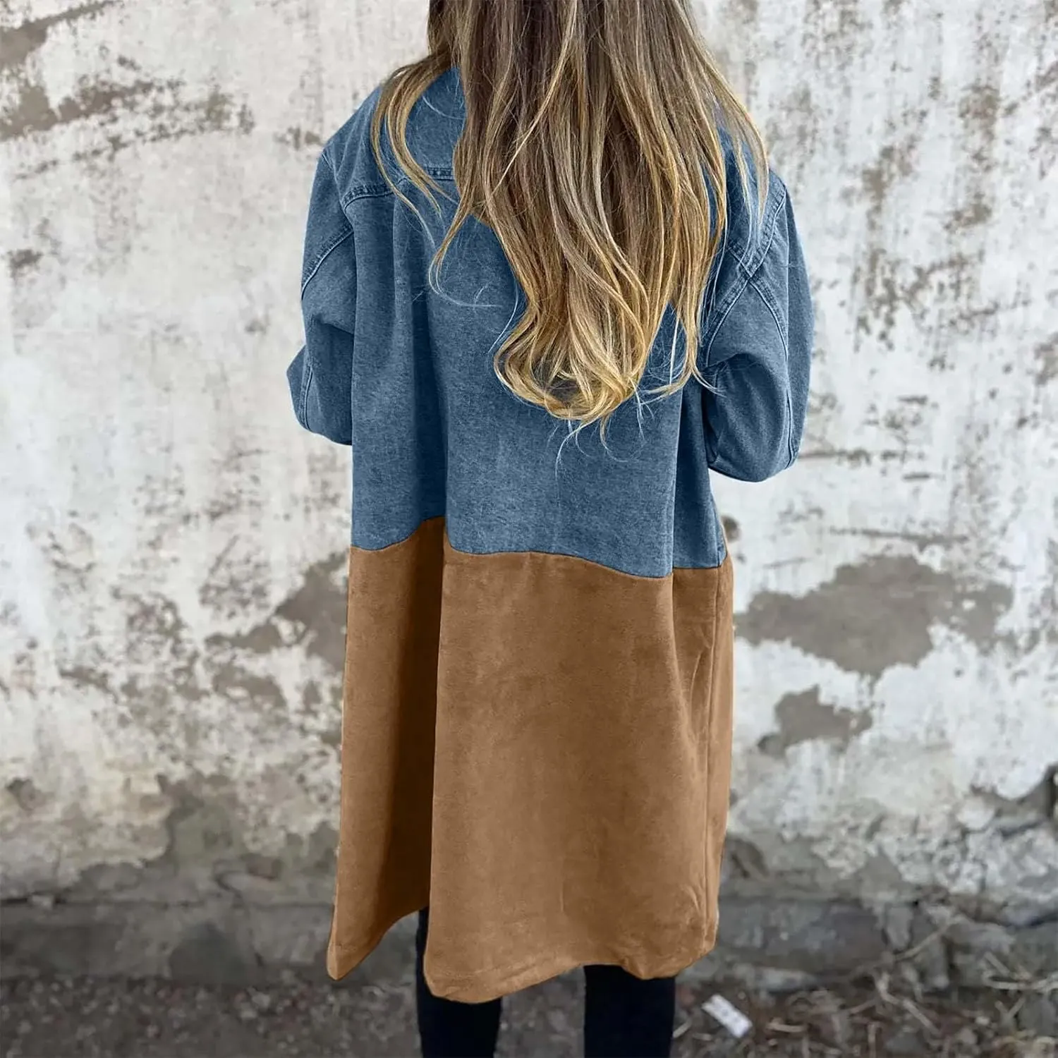 Fall Coats for Women 2024 Oversized Color Block Long Jean Jacket Button Down Long Sleeve Coat Cardigan Outerwear