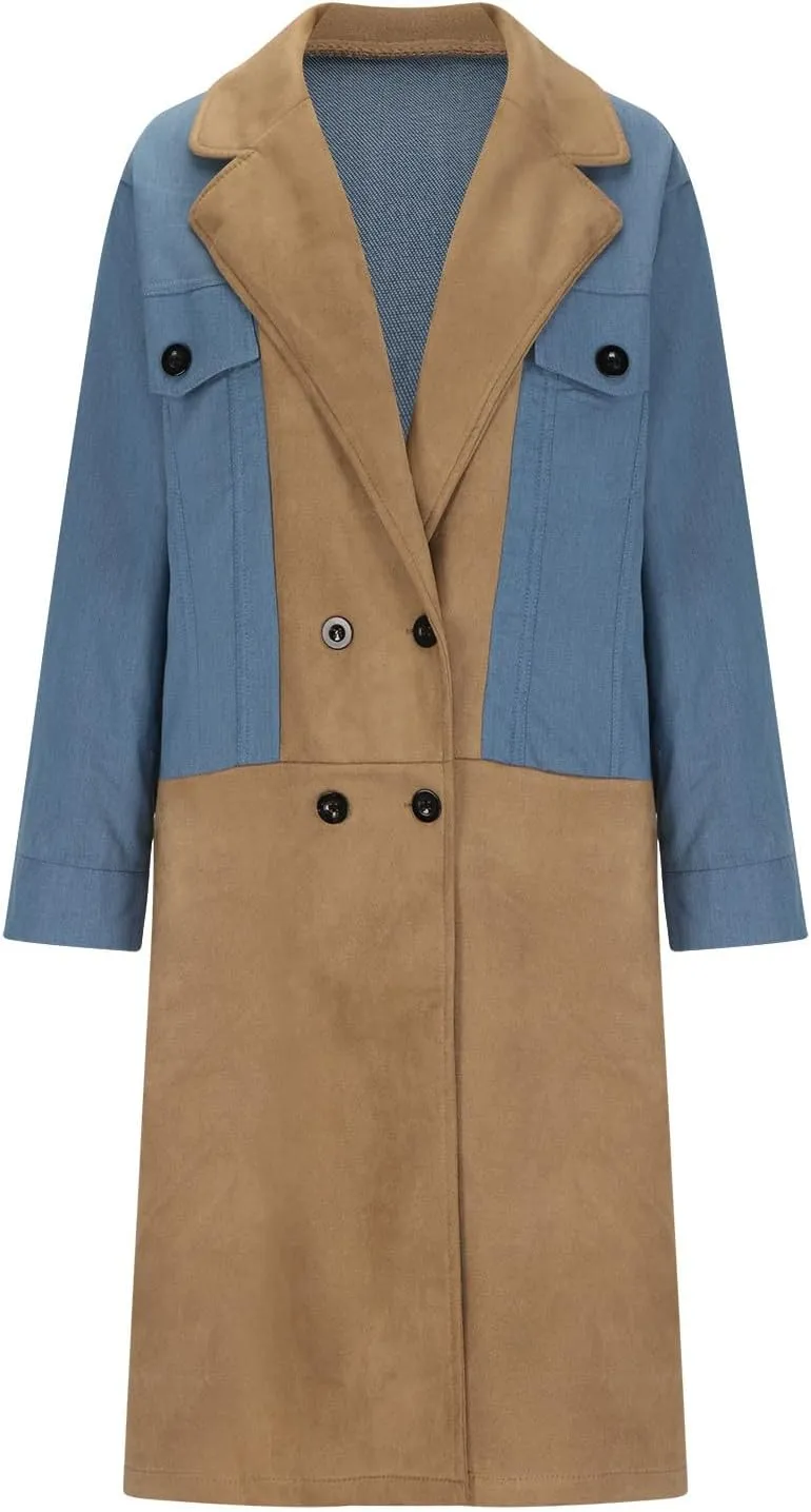 Fall Coats for Women 2024 Oversized Color Block Long Jean Jacket Button Down Long Sleeve Coat Cardigan Outerwear