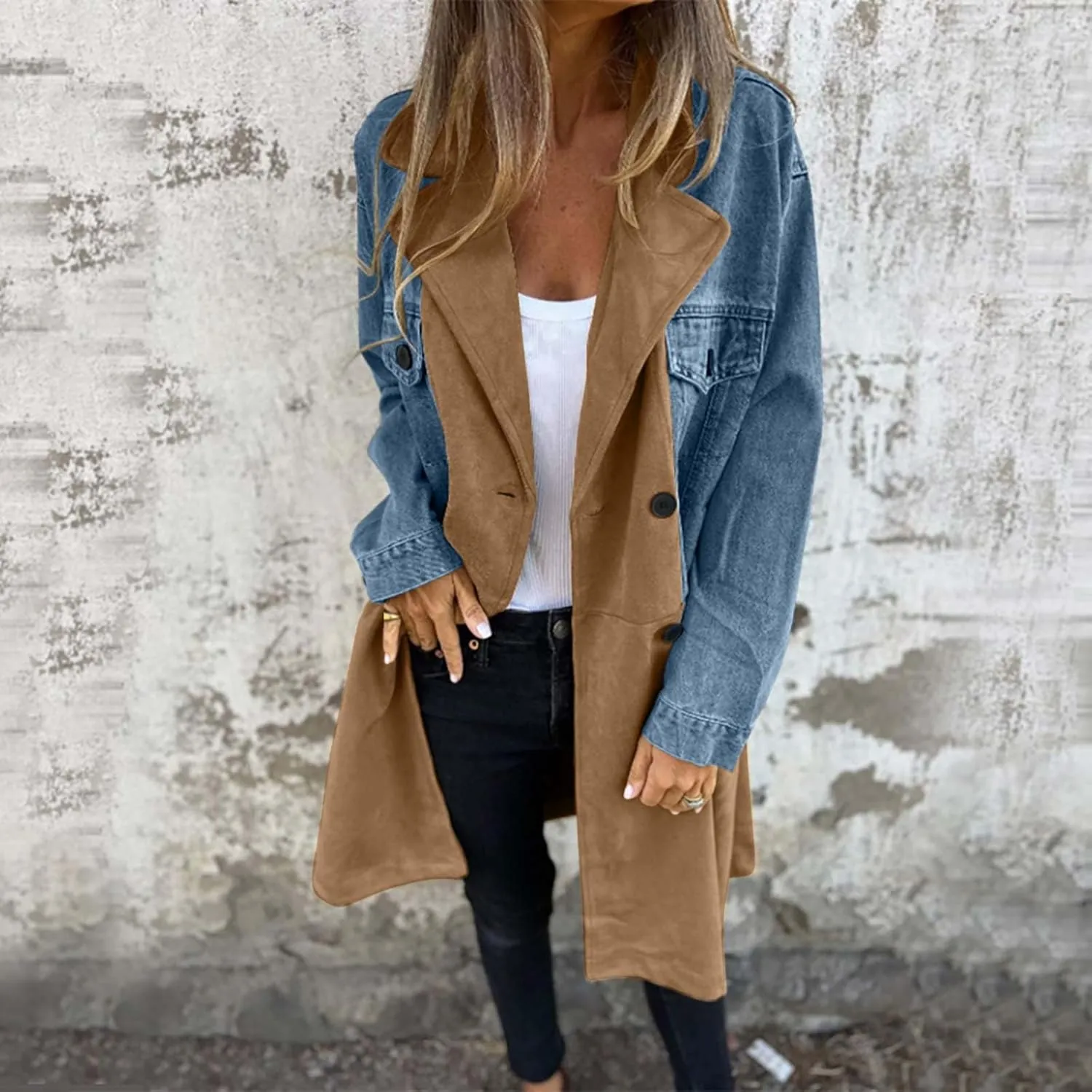 Fall Coats for Women 2024 Oversized Color Block Long Jean Jacket Button Down Long Sleeve Coat Cardigan Outerwear