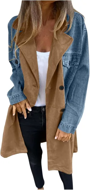 Fall Coats for Women 2024 Oversized Color Block Long Jean Jacket Button Down Long Sleeve Coat Cardigan Outerwear
