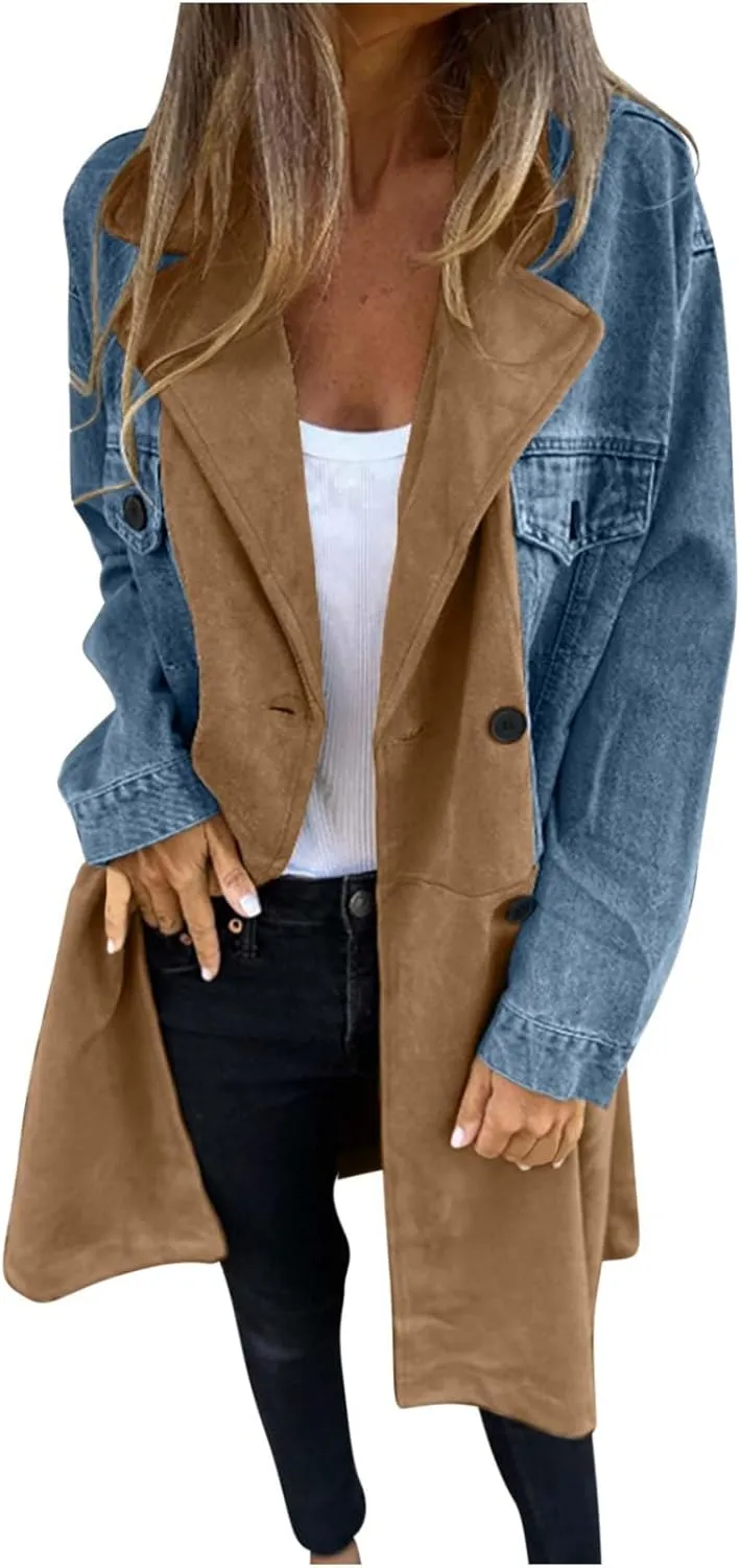 Fall Coats for Women 2024 Oversized Color Block Long Jean Jacket Button Down Long Sleeve Coat Cardigan Outerwear