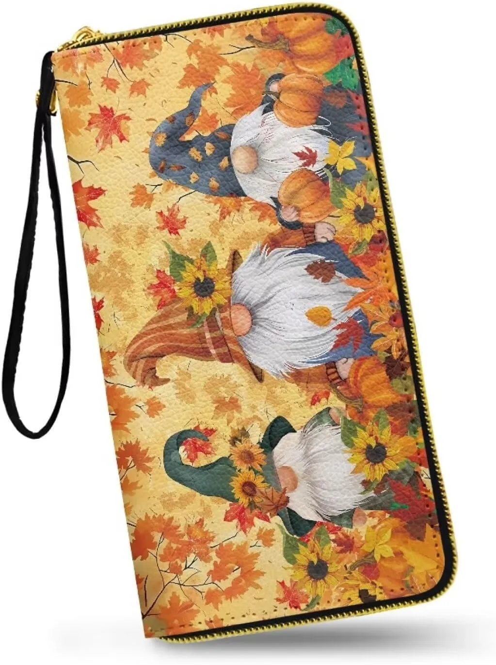 Fall Gnomes Wallets for Women Wristlet Wallet for Women,Cute Leather Ladies Purse Large Credit Card Clutch Wallets
