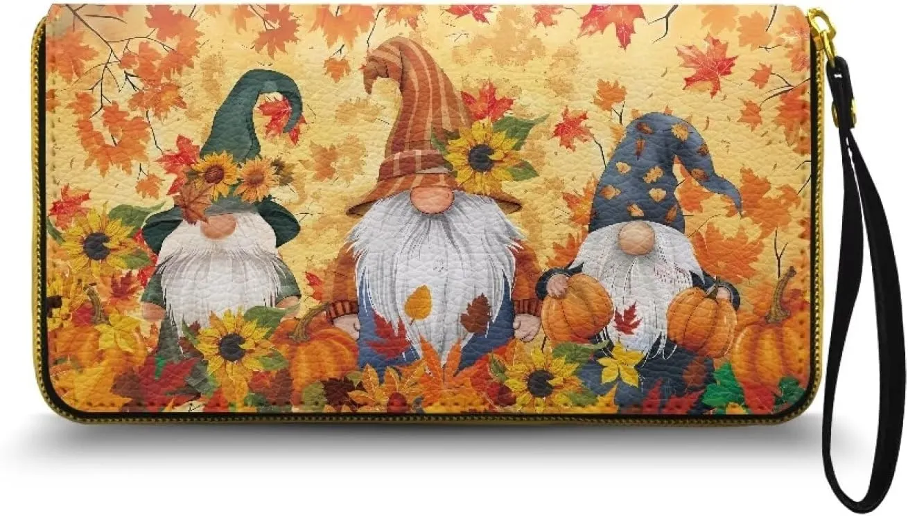 Fall Gnomes Wallets for Women Wristlet Wallet for Women,Cute Leather Ladies Purse Large Credit Card Clutch Wallets