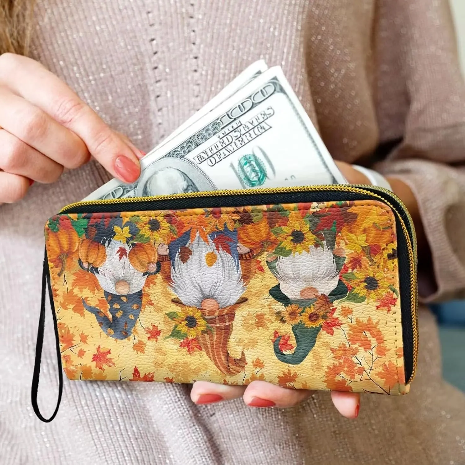 Fall Gnomes Wallets for Women Wristlet Wallet for Women,Cute Leather Ladies Purse Large Credit Card Clutch Wallets