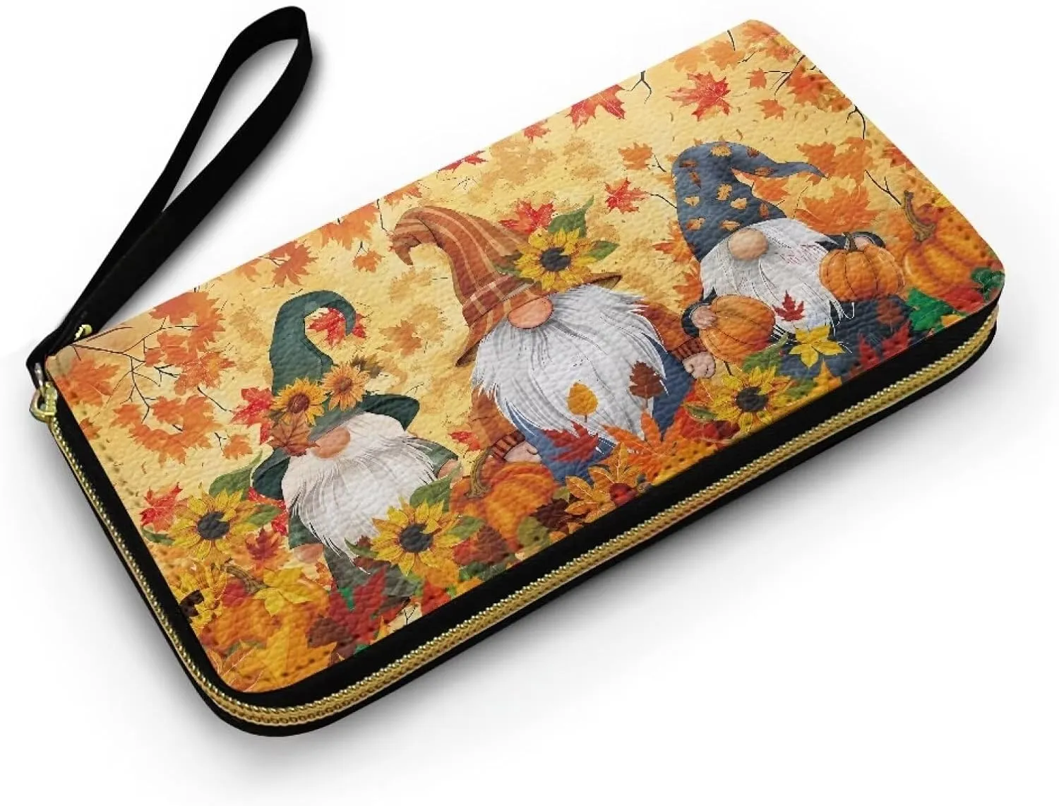 Fall Gnomes Wallets for Women Wristlet Wallet for Women,Cute Leather Ladies Purse Large Credit Card Clutch Wallets