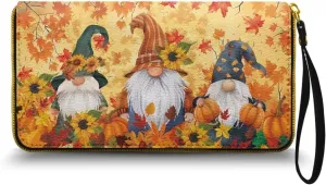 Fall Gnomes Wallets for Women Wristlet Wallet for Women,Cute Leather Ladies Purse Large Credit Card Clutch Wallets