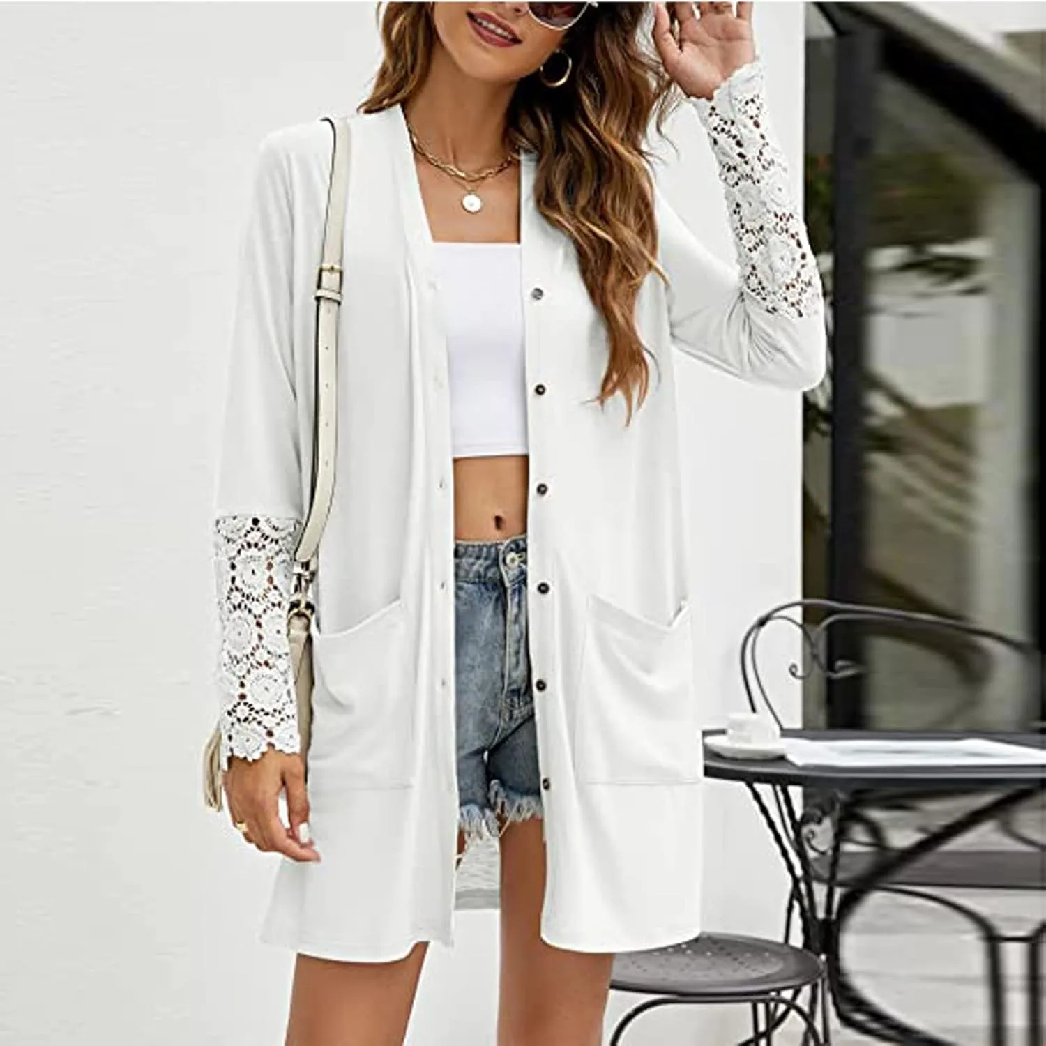 Fall Jackets for Women 2024 Casual Lace Long Sleeve Tops Mid-Length Button Cardigan Coats Outerwear with Pockets