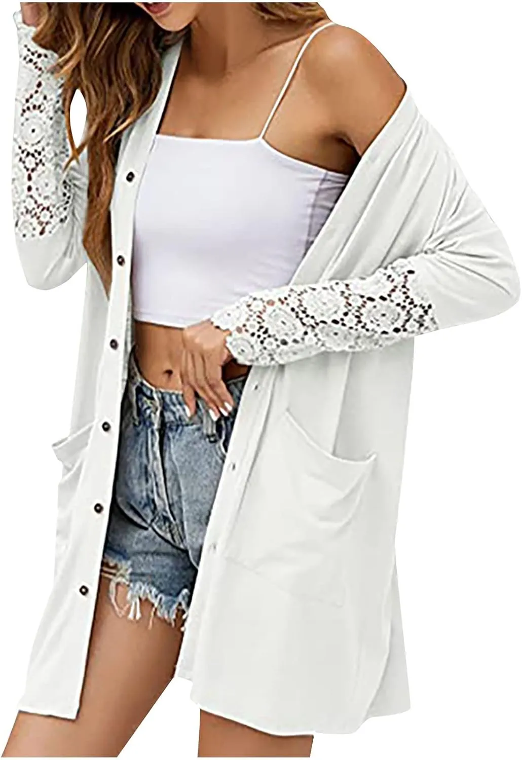 Fall Jackets for Women 2024 Casual Lace Long Sleeve Tops Mid-Length Button Cardigan Coats Outerwear with Pockets