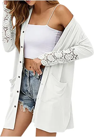 Fall Jackets for Women 2024 Casual Lace Long Sleeve Tops Mid-Length Button Cardigan Coats Outerwear with Pockets