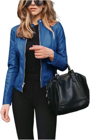 Faux Leather Jacket for Women Casual Bomber Jacket Cropped Zip Up Long Sleeve Jackets Fall Blazers