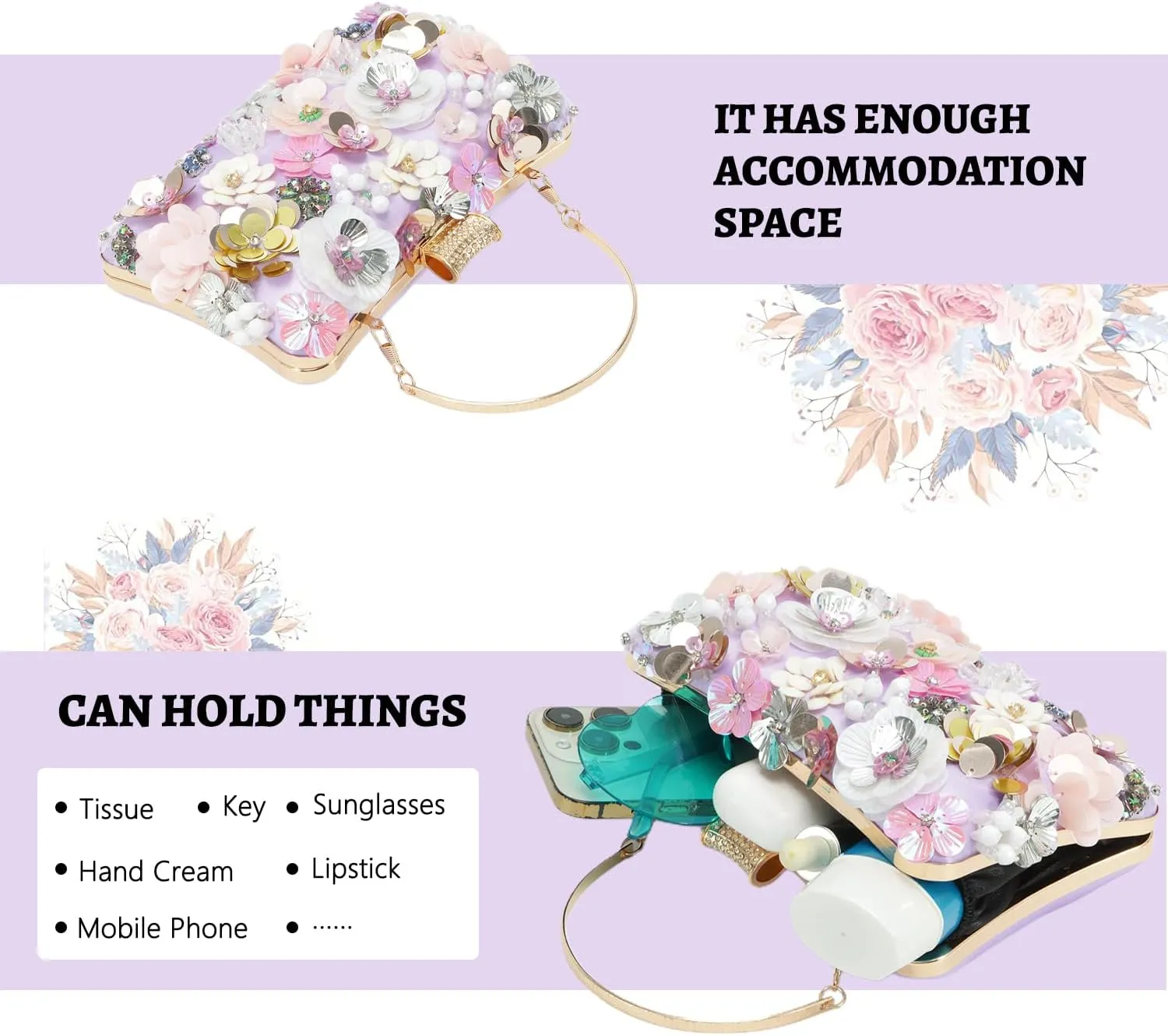 Fecialy Women's Floral Evening Handbags Colorful Rhinestone Clutch Purses Floral Bride Wedding Handbag Chain Shoulder Bag