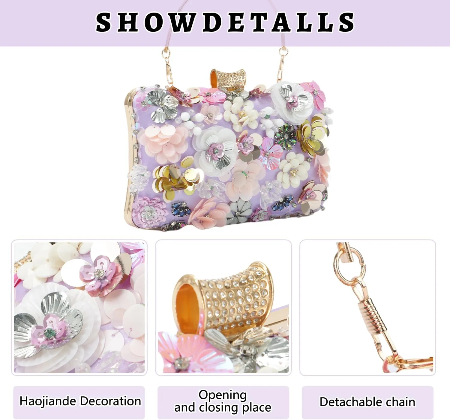 Fecialy Women's Floral Evening Handbags Colorful Rhinestone Clutch Purses Floral Bride Wedding Handbag Chain Shoulder Bag