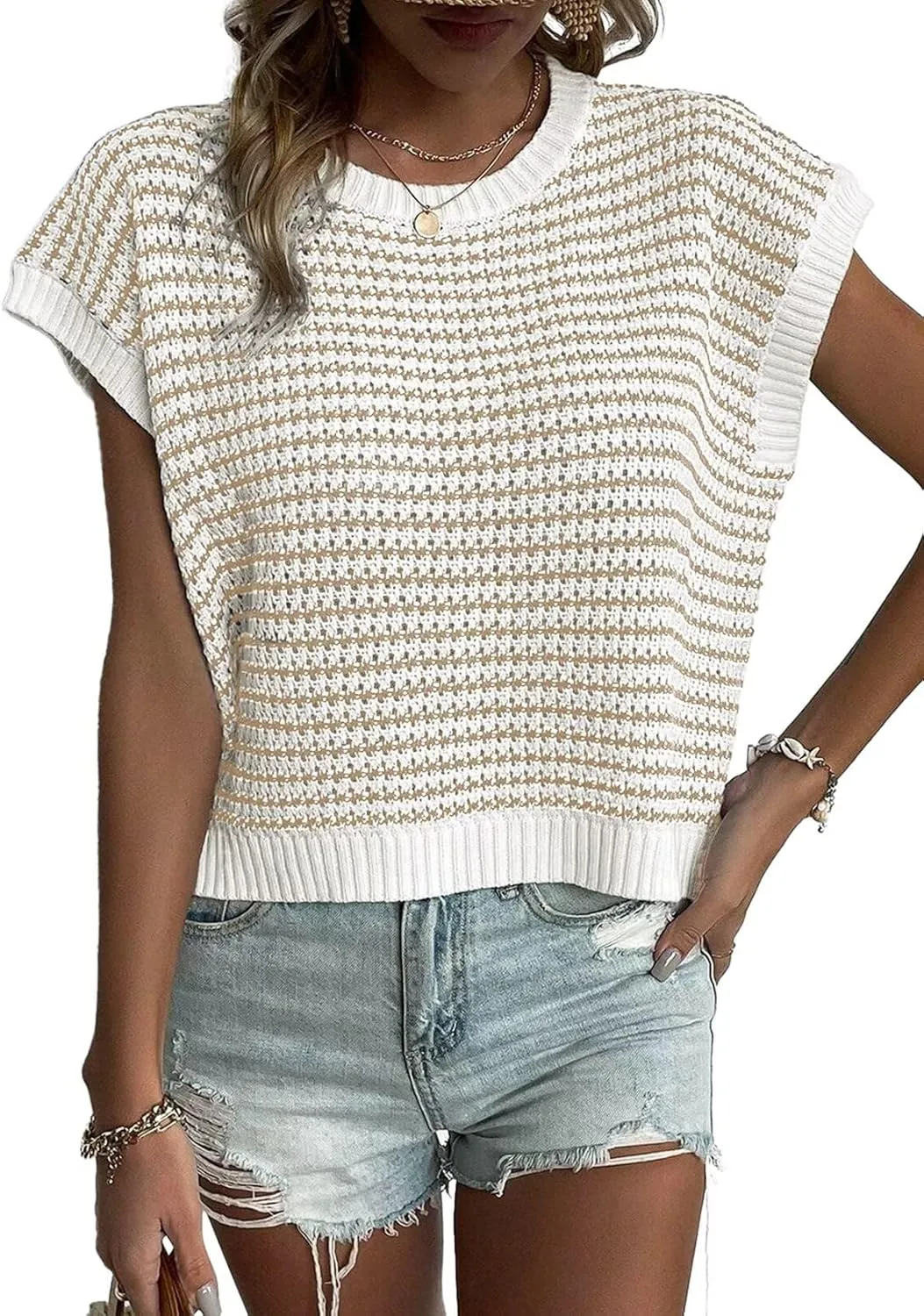 FEKOAFE Women's 2025 Crew Neck Striped Color Block Short Sleeve Knit Sweaters Fashion Spring Summer Pullovers Tops