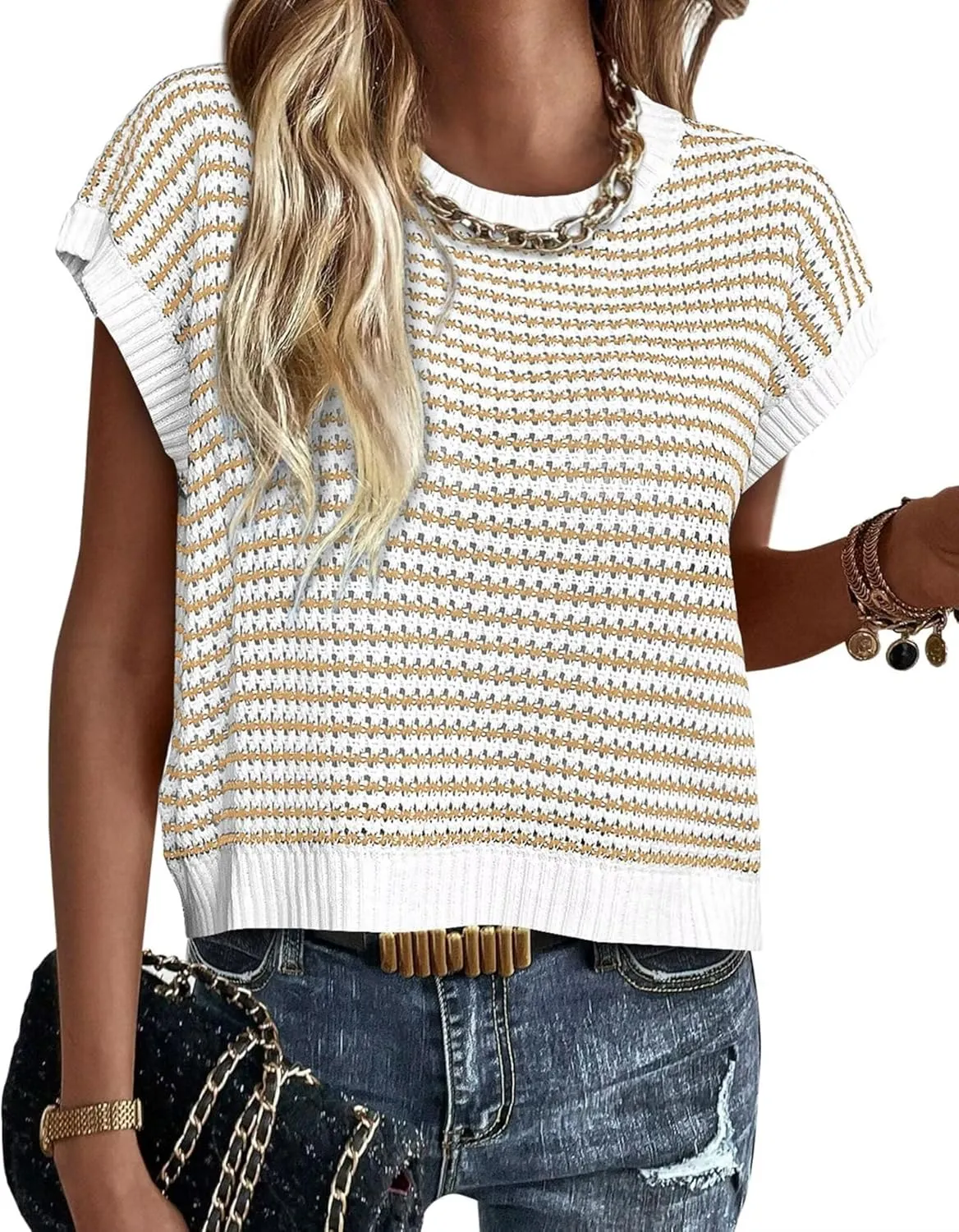 FEKOAFE Women's 2025 Crew Neck Striped Color Block Short Sleeve Knit Sweaters Fashion Spring Summer Pullovers Tops