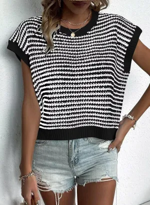 FEKOAFE Women's 2025 Crew Neck Striped Color Block Short Sleeve Knit Sweaters Fashion Spring Summer Pullovers Tops
