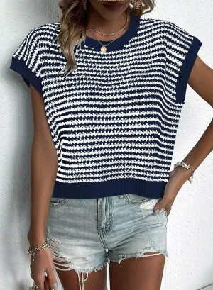 FEKOAFE Women's 2025 Crew Neck Striped Color Block Short Sleeve Knit Sweaters Fashion Spring Summer Pullovers Tops