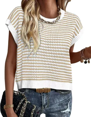 FEKOAFE Women's 2025 Crew Neck Striped Color Block Short Sleeve Knit Sweaters Fashion Spring Summer Pullovers Tops