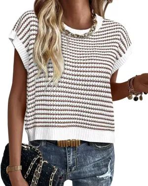 FEKOAFE Women's 2025 Crew Neck Striped Color Block Short Sleeve Knit Sweaters Fashion Spring Summer Pullovers Tops