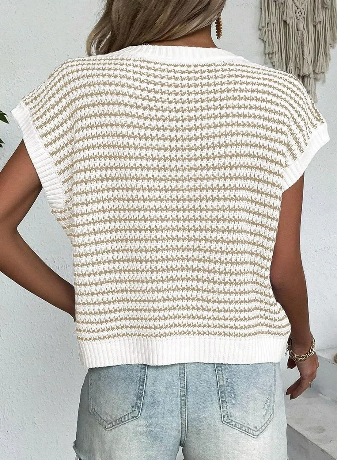 FEKOAFE Women's 2025 Crew Neck Striped Color Block Short Sleeve Knit Sweaters Fashion Spring Summer Pullovers Tops