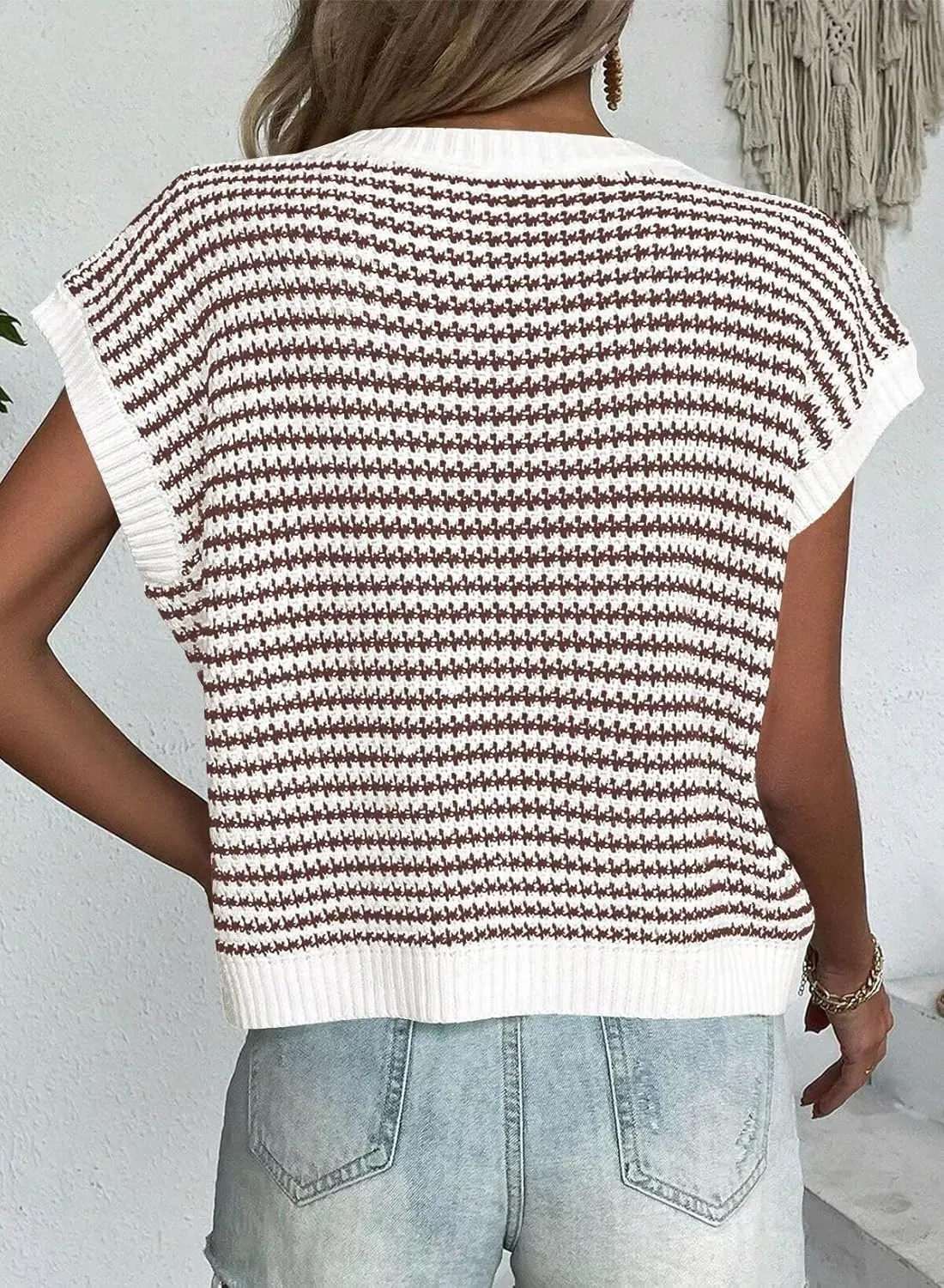 FEKOAFE Women's 2025 Crew Neck Striped Color Block Short Sleeve Knit Sweaters Fashion Spring Summer Pullovers Tops